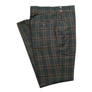 Mens 32 Gurkha Pants Green Brown Plaid Wool Flat Front Straight Fit Trousers